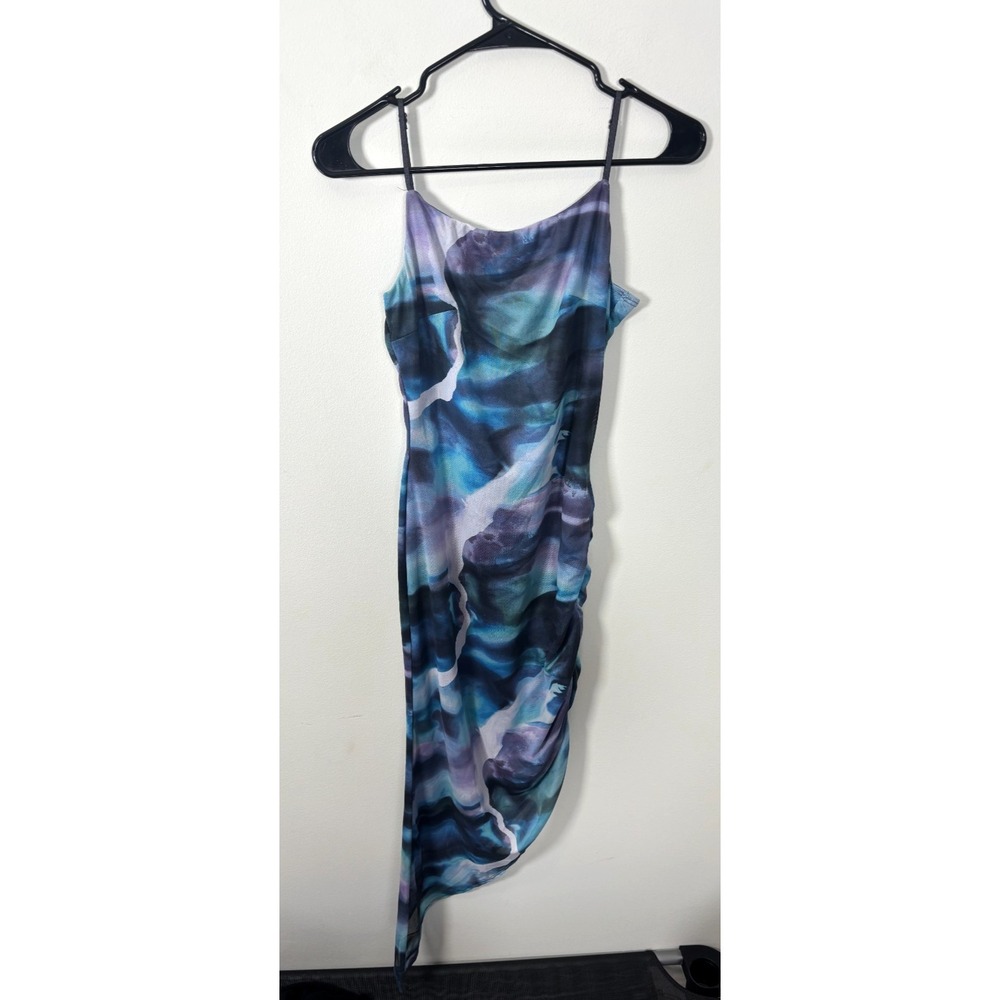Fashion Q Urs Size Large Blue Ruched Watercolor Mini Asymmetrical Dress NWT